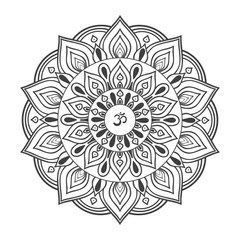 Om symbol with hand drawn mandala. Oriental decorative ornament  can be used for greeting card, wedding invitation, yoga poster, coloring book.