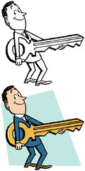 A businessman holding a giant key.