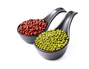 Mix beans in ceramic bowl on white background