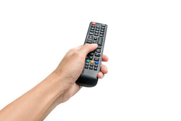 Hand pressing remote control isolated on white background