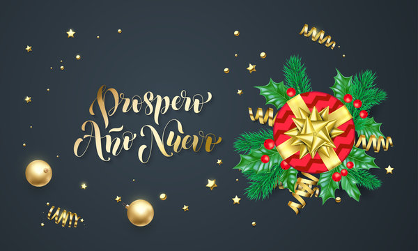 Prospero Ano Nuevo Spanish New Year golden decoration and gold font calligraphy greeting card design. Vector Christmas tree wreath decoration, New Year holiday gift and confetti on black background