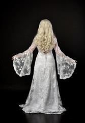 full length portrait of a blonde lady wearing beautiful lace gown, standing pose on black...