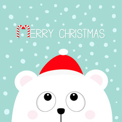 Merry Christmas Candy cane. Polar white little small bear cub head face looking up. Red Santa Claus hat. Cute cartoon baby character. Arctic animal. Flat design Winter snow flake background.