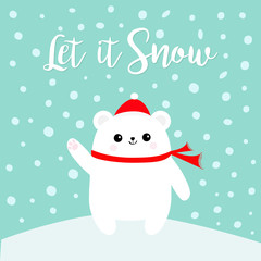 Let it snow. Polar white bear cub waving hand paw print. Red Santa Claus hat and scarf. Cute cartoon baby character. Snowdrift. Arctic animal. Flat design. Winter snow flake background.