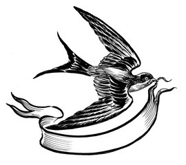 flying swallow bird with a blank banner in its beak. black and white ink illustration.
