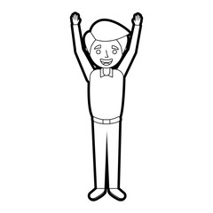 young man happy raising arms smiling vector illustration outline