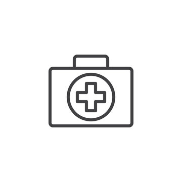 First Aid Kit Line Icon, Outline Vector Sign, Linear Style Pictogram Isolated On White. Doctors Bag With Cross, Medical Suitcase Symbol, Logo Illustration. Editable Stroke