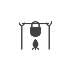 Pot on the fire in camping icon vector, filled flat sign, solid pictogram isolated on white. Camp pot symbol, logo illustration