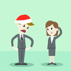 Fototapeta premium Businessman in Christmas hat and businesswomen standing and showing his empty pocket, turning his pocket inside out, no money