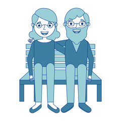 happy couple grandparents characters sitting in bench blue vector illustration