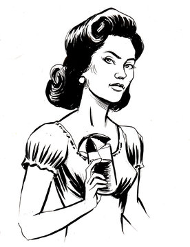 Pretty woman with a cocktail in her hand. Black and white ink illustration.