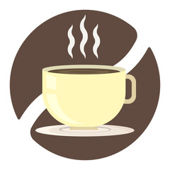 Yellow cup of coffee with smoke on white ceramic saucer on brown coffee bean background. Tea, chocolate or cocoa party symbol for cafe or restaurant advertisement, web design