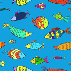 Cute kids marine seamless pattern with color cartoon fishes. Naval colorful aquarium or river fish on blue background for children textile, wrapping paper, wallpaper, swimsuit cloth, package