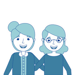 two older women friends together embraced vector illustration blue