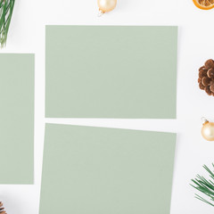 Empty cards, Christmas tree, pine cones, dry orange, Christmas balls