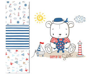 Obraz premium Niedźwiedź marynarza. Projekt powierzchni i 3 jednolite wzory