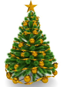 Christmas tree decorated with golden Christmas balls, golden Christmas star and ribbon - isolated on white
