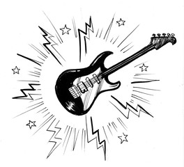 Electric guitar. Black and white ink illustration.