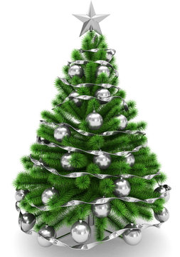 Christmas tree decorated with silver Christmas balls, silver Christmas star and ribbon - isolated on white