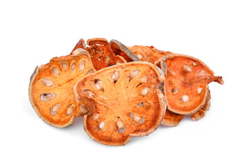 dried bael fruit tea (aegle marmelos) isolated on white background, herb for healthy beverage