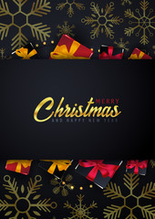 Marry Christmas and Happy New Year poster and banner on dark background with gift boxes. Vector illustration.