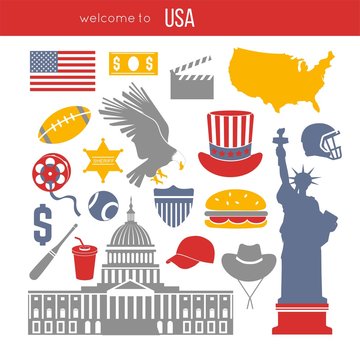 USA culture symbol set. Europe Travel USA direction concept.