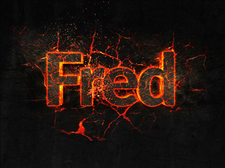 Fred Fire text flame burning hot lava explosion background.