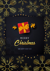 Marry Christmas and Happy New Year poster and banner on dark background with gift boxes. Vector illustration.