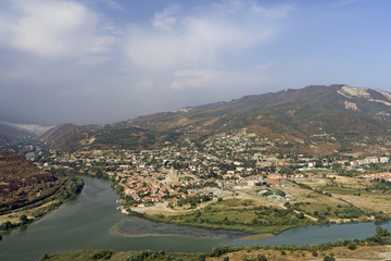 Fototapeta na wymiar panoramic view of Mtskheta city and Kura river from Jvari monastery
