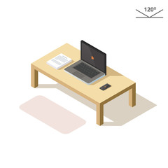 Isometric illustration. Laptop phone and documents on the coffee table.