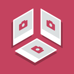 Isometric illustration with photo frames in three planes isolated on a pink background.