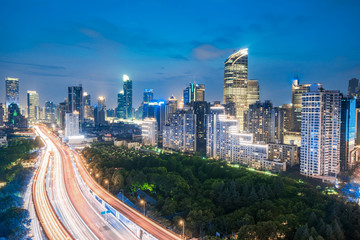 Fototapeta premium Elevated view of a Road Junction in Shanghai, China. aerial view the overpass at night, shanghai china.
