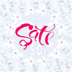 Frost on the window, blue snowflakes, holly red lettering Sale on blue background, stock vector illustration