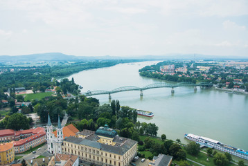 Fototapeta na wymiar Panoramic aerial view over the roofs of Esztergom town near Budapest.