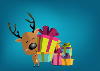 Cartoon Reindeer character with gift boxs in hands for card or background on blue background, Vector illustration.