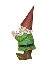 Gnome with red hat and green suit in side angle view/Gnome in green suit and red pointed hat in side view with hands together