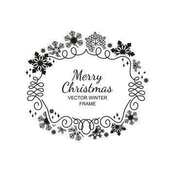 Black snowflake frame, festive decoration on white background, Christmas design for invitation, greeting card or postcard. Vector illustration, merry xmas snow flake framework