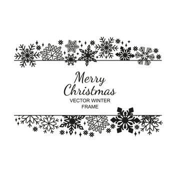 Black-white snowflake frame, decoration on white background, Christmas design for invitation, greeting card or postcard. Vector illustration, merry xmas snow flake framework