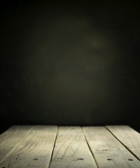 Empty wooden deck table over mint wallpaper background