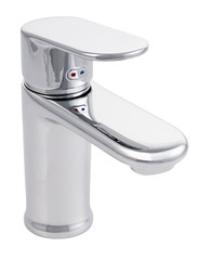 Mixer cold hot water. Modern faucet  bathroom.  Kitchen tap  . Isolated  white background.View from...