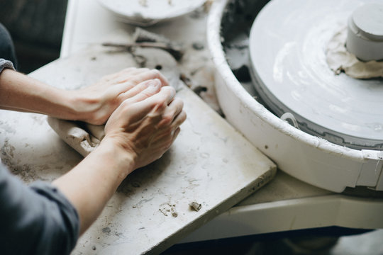 Woman Working At Pottery Studio