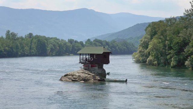 Lonely house on the Drina river in Bajina Basta, Serbia, 4k
