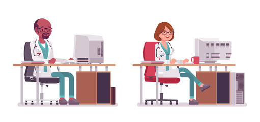Male and female doctor working at the desk with computer