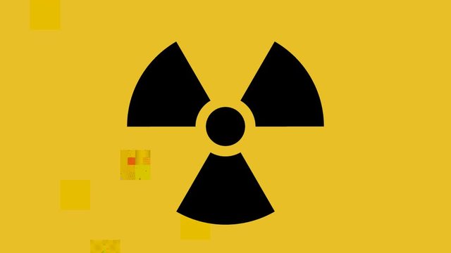 A radiation warning symbol (displayed where radioactive materials i.e. nuclear plants, toxic waste dumps), appearing with digital glitch and noise.
