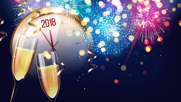 Hello 2018. Merry christmas and happy new year 2018 festive background with two glasses of champagne and clock on sparkling holiday background.  Vector illustration