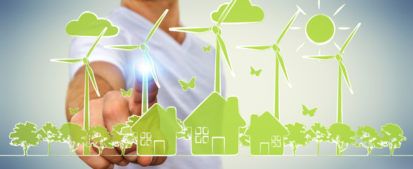 Businessman touching renewable energy sketch