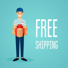 Free shipping business concept. Delivery man with a box. Flat design modern vector illustration concept.