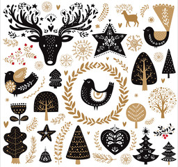 Black and gold illustration with decorative elements in Scandinavian style - obrazy, fototapety, plakaty