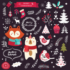 Colored illustration with decorative elements and animals on the dark background