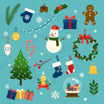 Vector collection of christmas items, elements and decorations. Flat design modern vector illustration concept.